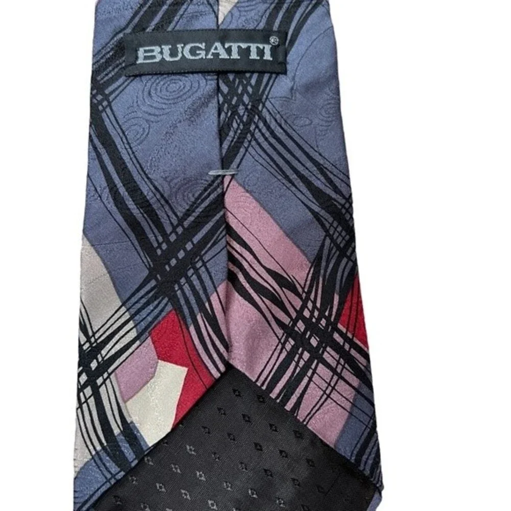 Bugatti 100% Italian Silk Tie Blue Gray Red Office  Church Wedding Formal